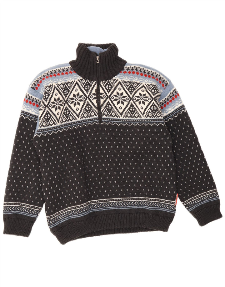 F.LLI Campagnolo Mens Zip Neck Jumper Sweater Medium Black Fair Isle