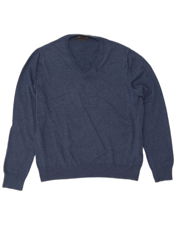 MARKS & SPENCER Mens V-Neck Jumper Sweater Large Navy Blue Cotton