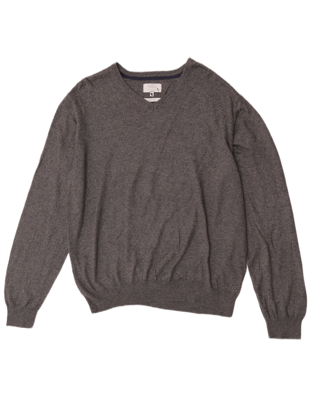 Marks & Spencer Mens Regular Fit V-Neck Jumper Sweater XL Grey Cotton