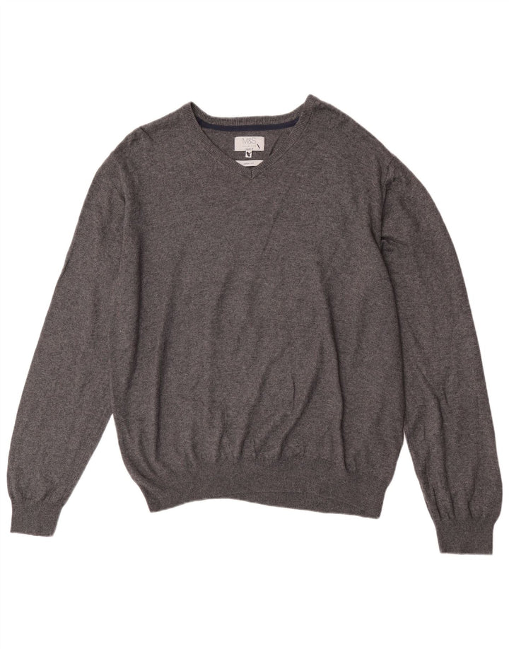 Marks & Spencer Mens Regular Fit V-Neck Jumper Sweater XL Grey Cotton