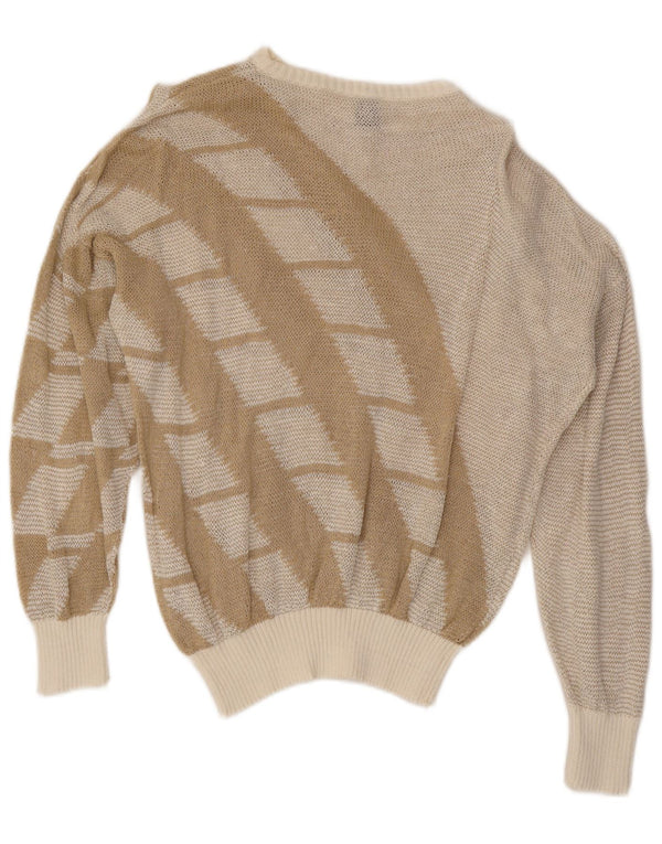 Vintage Dame Boat Neck Jumper Sweater UK 16 Stor Beige Geometrisk