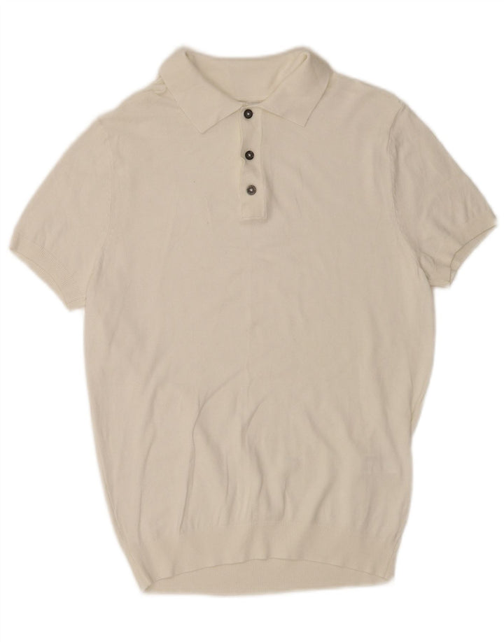 Zara Mens Short Sleeve Polo Neck Jumper Sweater Medium White Viscose