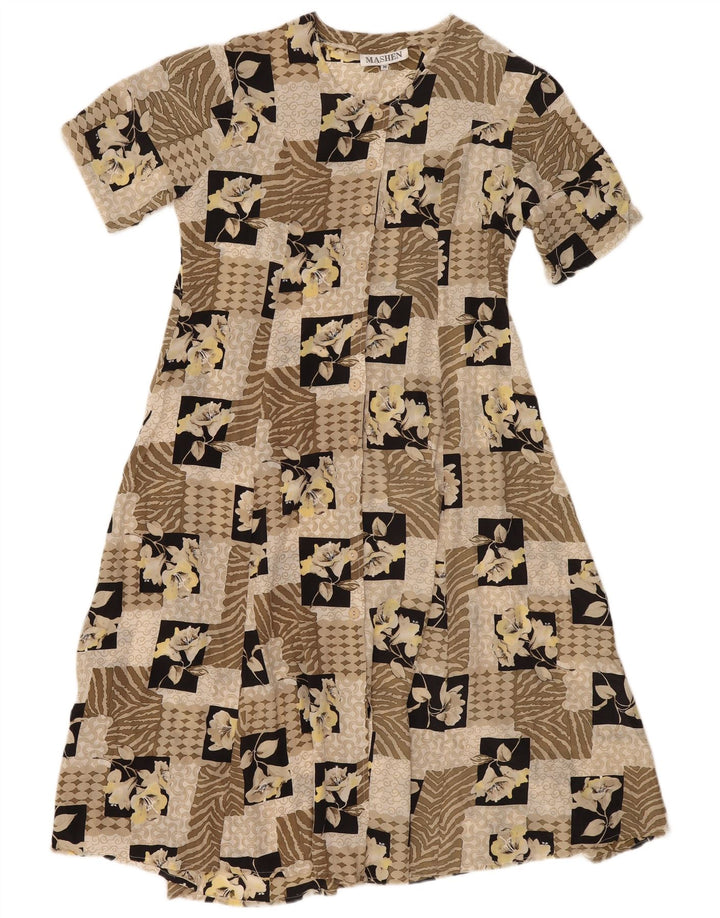 Vintage Womens Tea Dress UK 14 Medium Beige Patchwork Silk