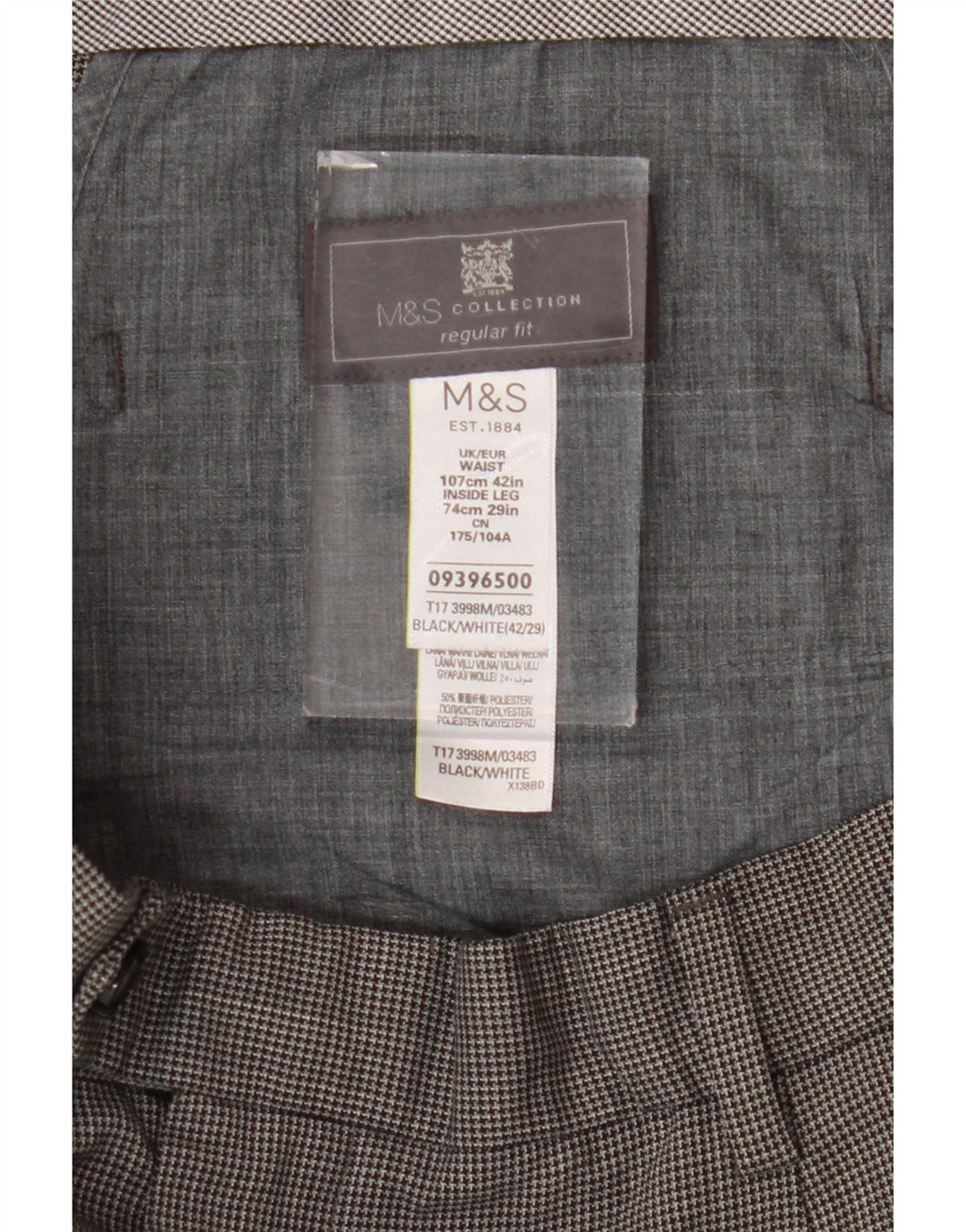Marks & Spencer Mens Regular Fit Suit Trousers W42 L29 Black Houndstooth