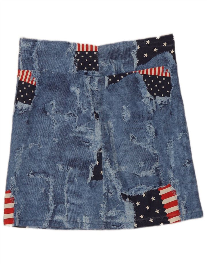 Vintage γυναικεία ταλαιπωρημένη μίνι φούστα Medium W28 Blue Patchwork Cotton USA