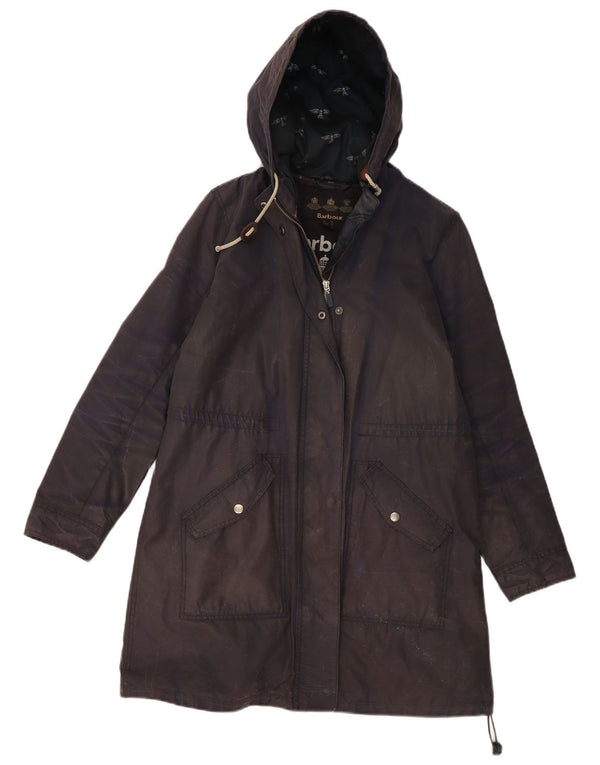 Barbour Womens Hooded Waxed Parka Jacket UK 12 Medium Navy Blue
