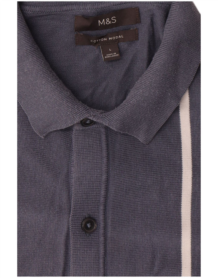 Marks & Spencer Mens Cardigan Sweater Large Navy Blue Striped Cotton