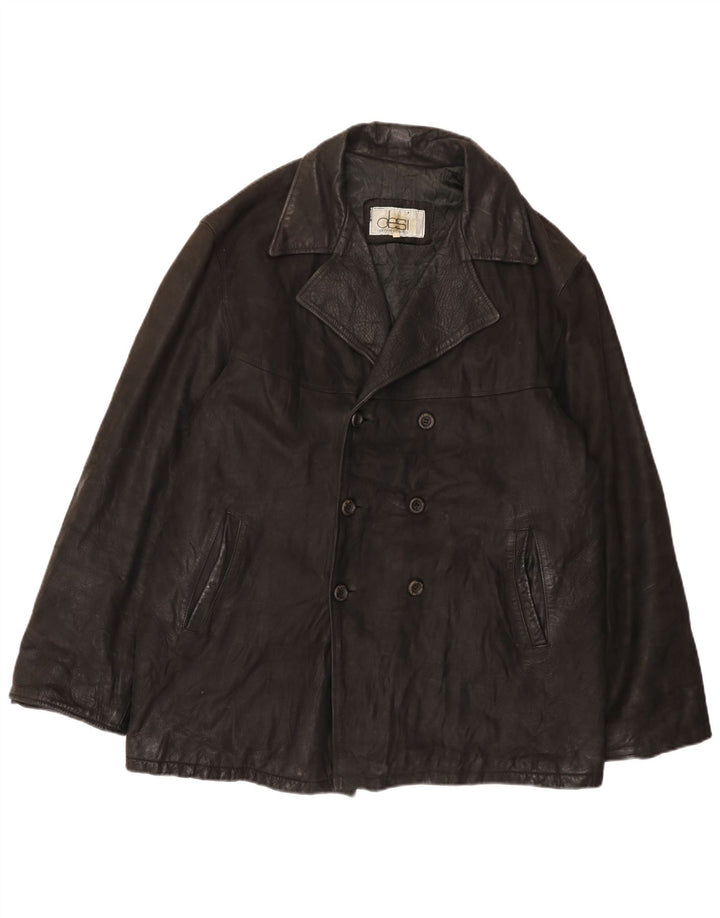 Desi Mens Double Breasted Leather Jacket UK 42 XL Black Leather