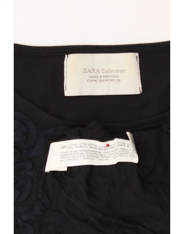 Zara Womens Abstract Pattern T-Shirt Top UK 12 Medium Black Cotton