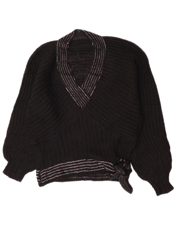 Vintage Damen V-Ausschnitt Pullover Pullover UK 14 Medium Schwarz gestreift Retro