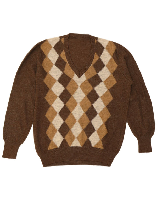 Vintage Mens V-Neck Jumper Sweater Large Brown Argyle/Diamond