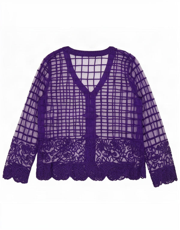 Vintage mujer ver a través de camisa blusa Reino Unido 14 medio púrpura geométrico