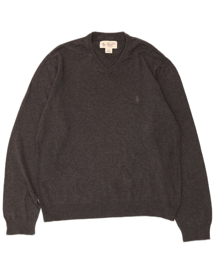 Penguin Mens V-Neck Jumper Sweater Large Grey Cotton