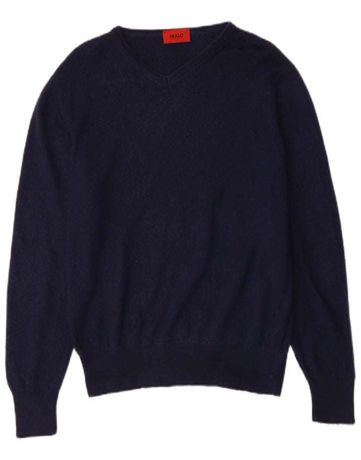 Hugo Boss Mens V-Neck Jumper Sweater XL Navy Blue Wool