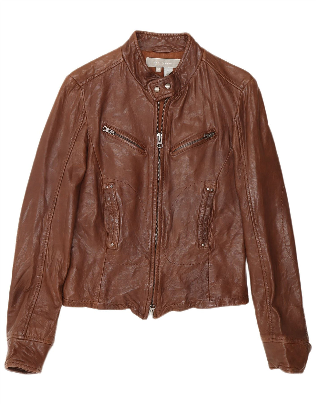Zara Chaqueta Motera De Cuero Para Mujer UK 42 Marrón Medio