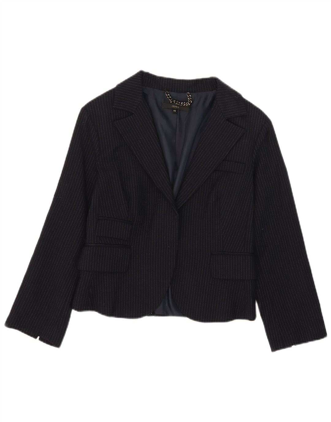 Celyn B Womens Crop Open Blazer Jacket IT 46 Large Navy Blue Pinstripe Wool