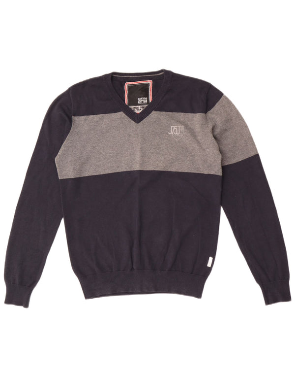 Jack & Jones Mens V-Neck Jumper Sweater Medium Navy Blue Colourblock Cotton