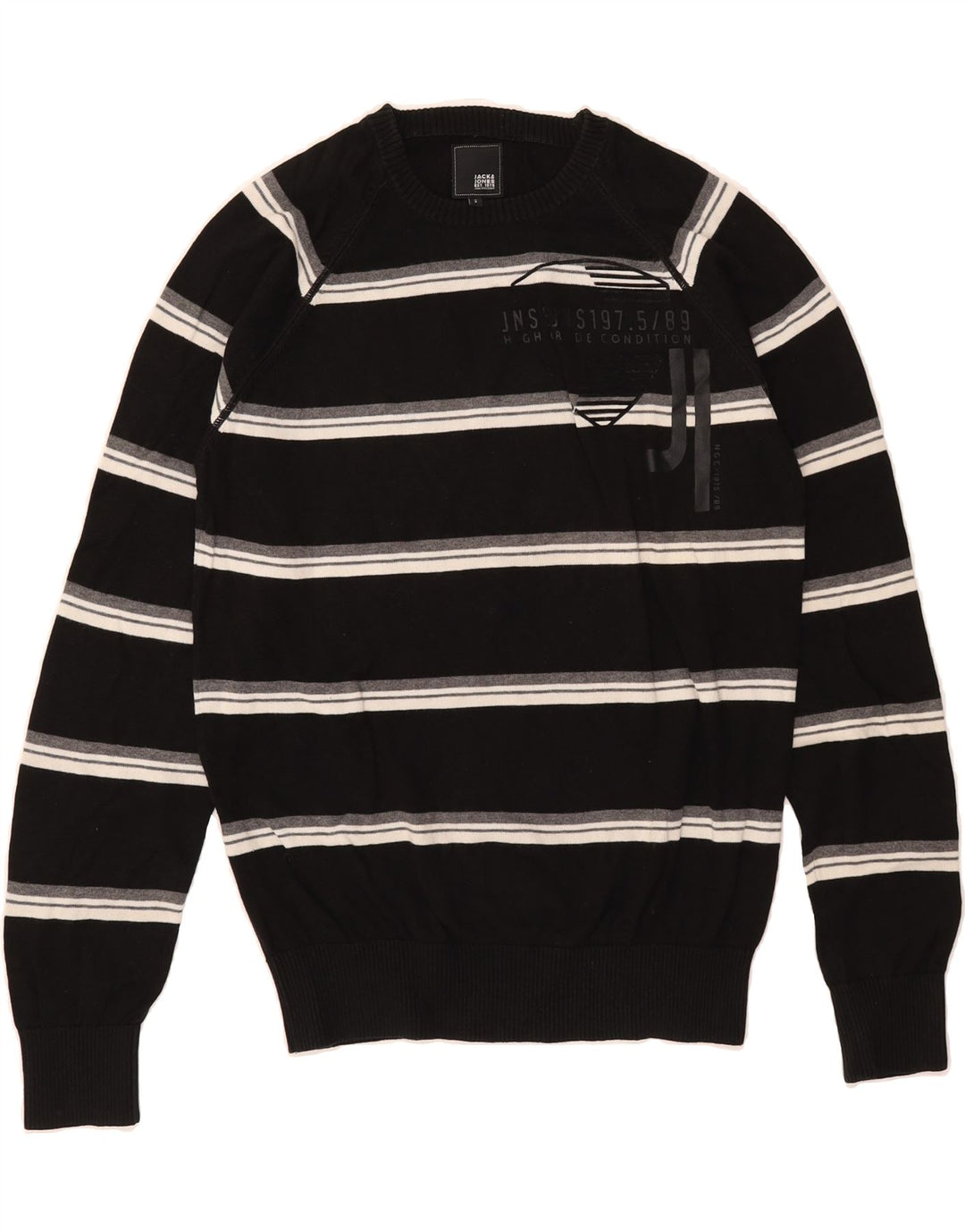 JACK & JONES Mens Graphic Crew Neck Jumper Sweater Small Black Striped Vintage Jack & Jones and Second-Hand Jack & Jones from Messina Hembry 