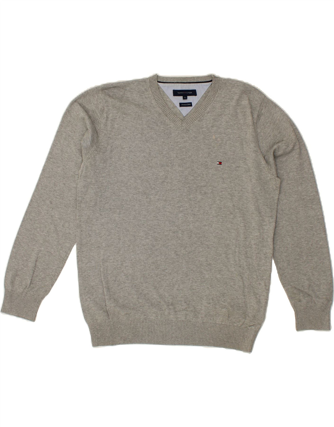 TOMMY HILFIGER Mens V-Neck Jumper Sweater Large Grey Cotton Vintage Tommy Hilfiger and Second-Hand Tommy Hilfiger from Messina Hembry 