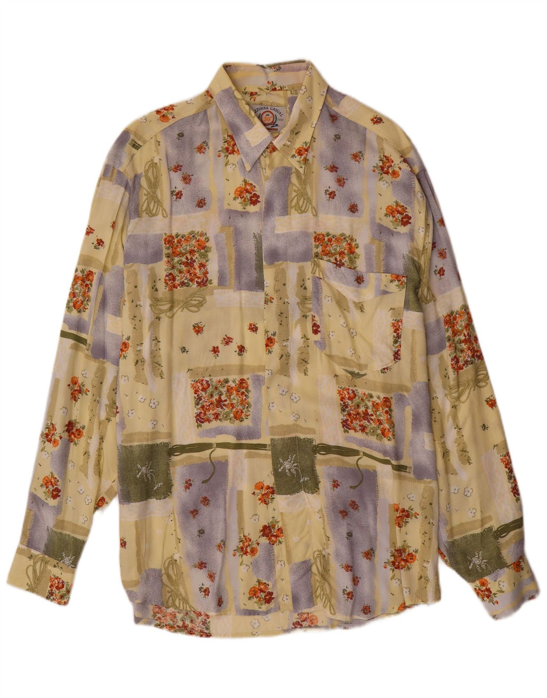 Azzurra Mens Shirt Large Yellow Patchwork Viscose