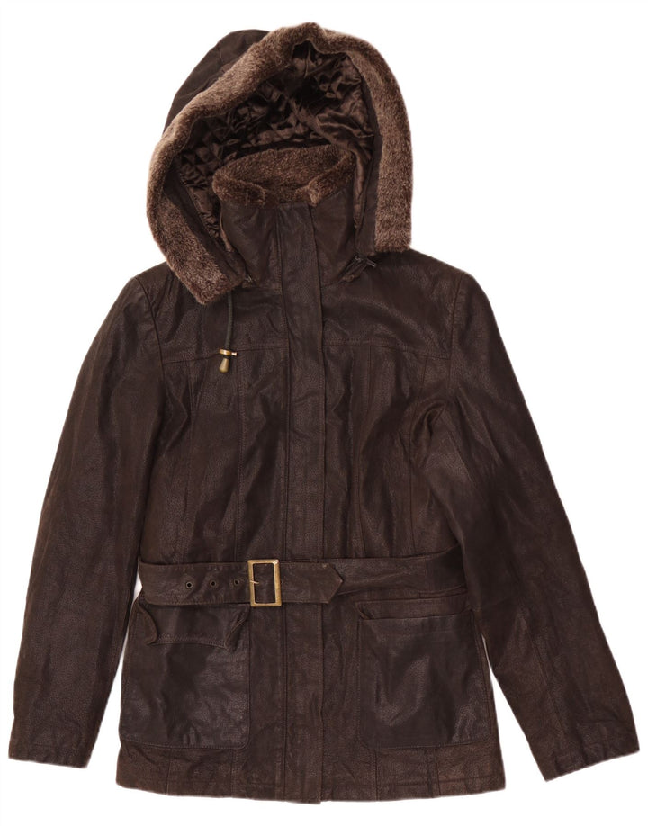 Bata and More Womens Hooded Leather Jacket IT 46 Large Brown Leather