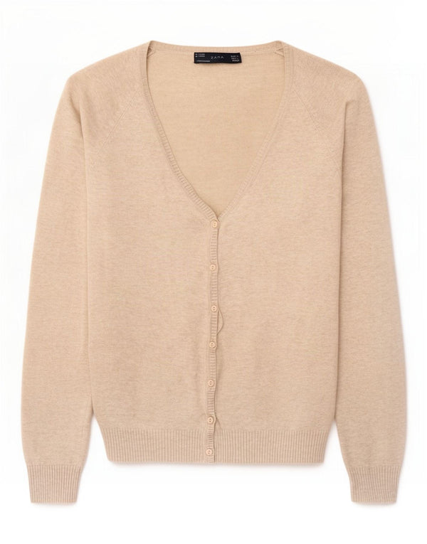 Zara Womens Crop Cardigan Sweater UK 14 Large Beige Cotton