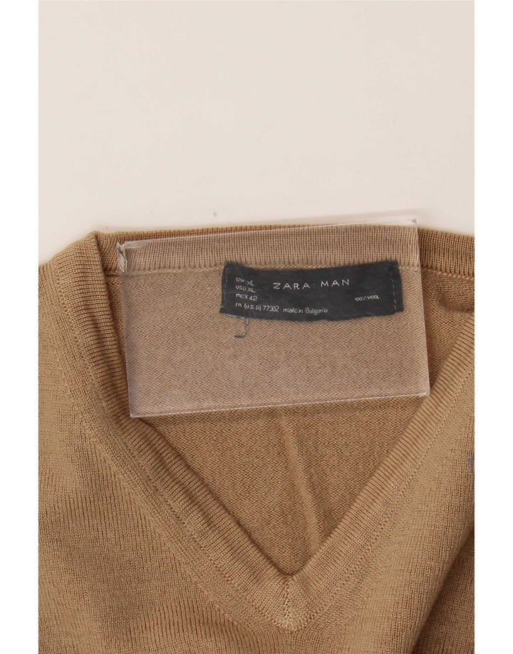 Zara Mens V-Neck Jumper Sweater XL Brown Wool