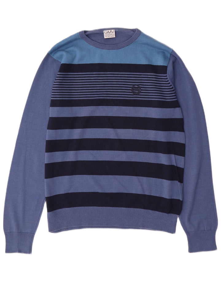 GIANMARCO VENTURI Mens Crew Neck Jumper Sweater Medium Blue Striped Cotton