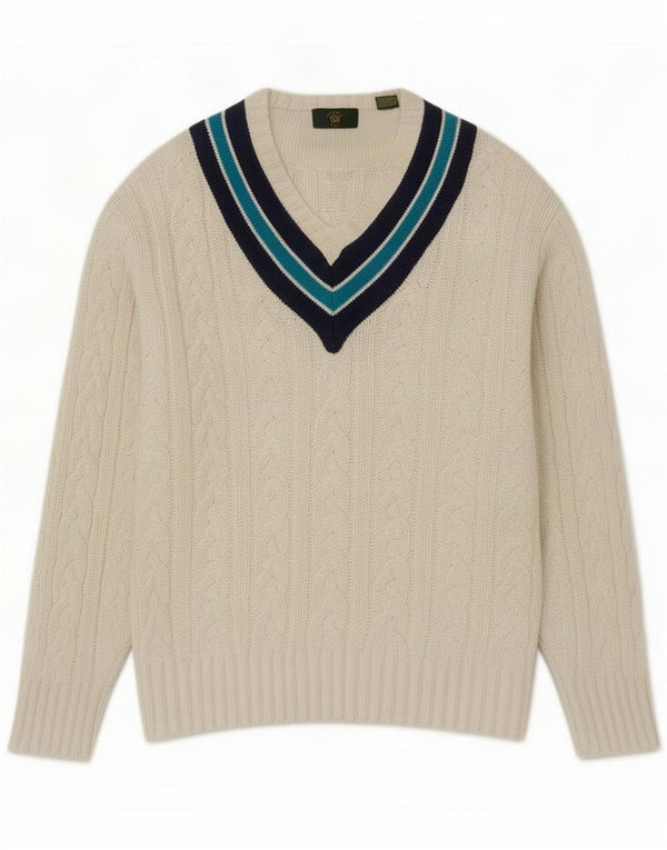 Vintage Mens V-Neck Jumper Sweater Medium White Colourblock Cotton