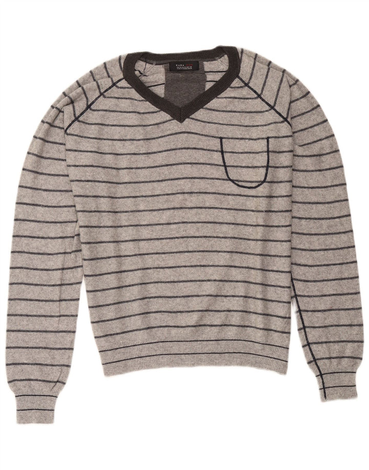 Zara Mens V-Neck Jumper Sweater Medium Grey Striped