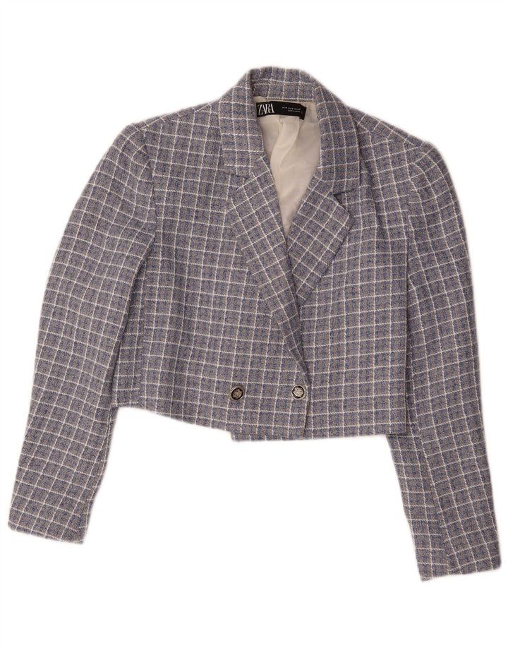 Zara Womens Crop Double Breasted Blazer Jacket UK 14 Medium Blue Check