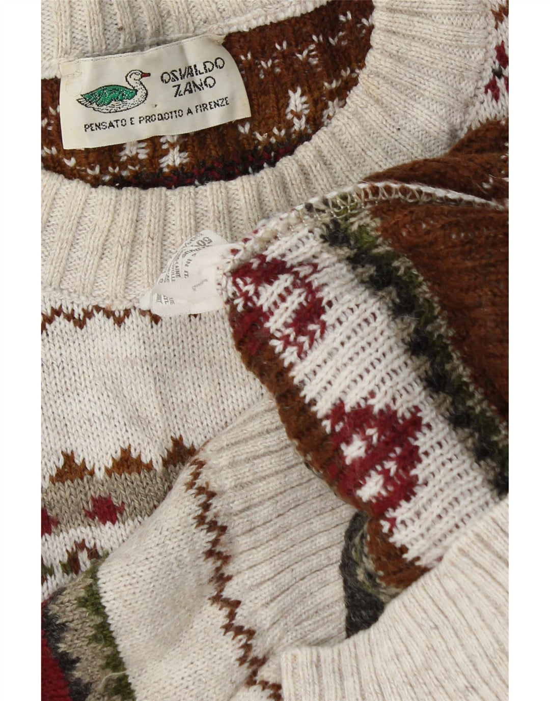 Vintage Mens Crew Neck Jumper Sweater Large Off White Geometric Wool
