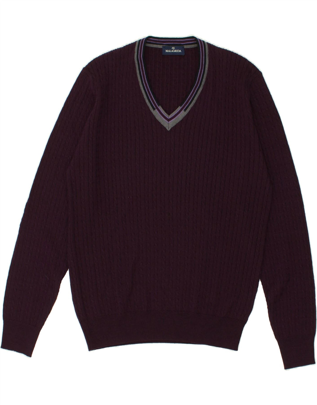 MALAGRIDA Womens V-Neck Jumper Sweater UK 20 2XL Maroon Wool | Vintage Malagrida | Thrift | Second-Hand Malagrida | Used Clothing | Messina Hembry 