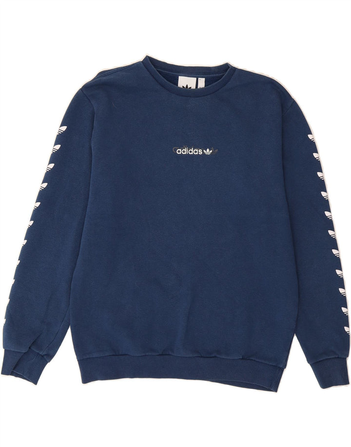 ADIDAS Mens Graphic Sweatshirt Jumper Small Navy Blue Cotton Vintage Adidas and Second-Hand Adidas from Messina Hembry 