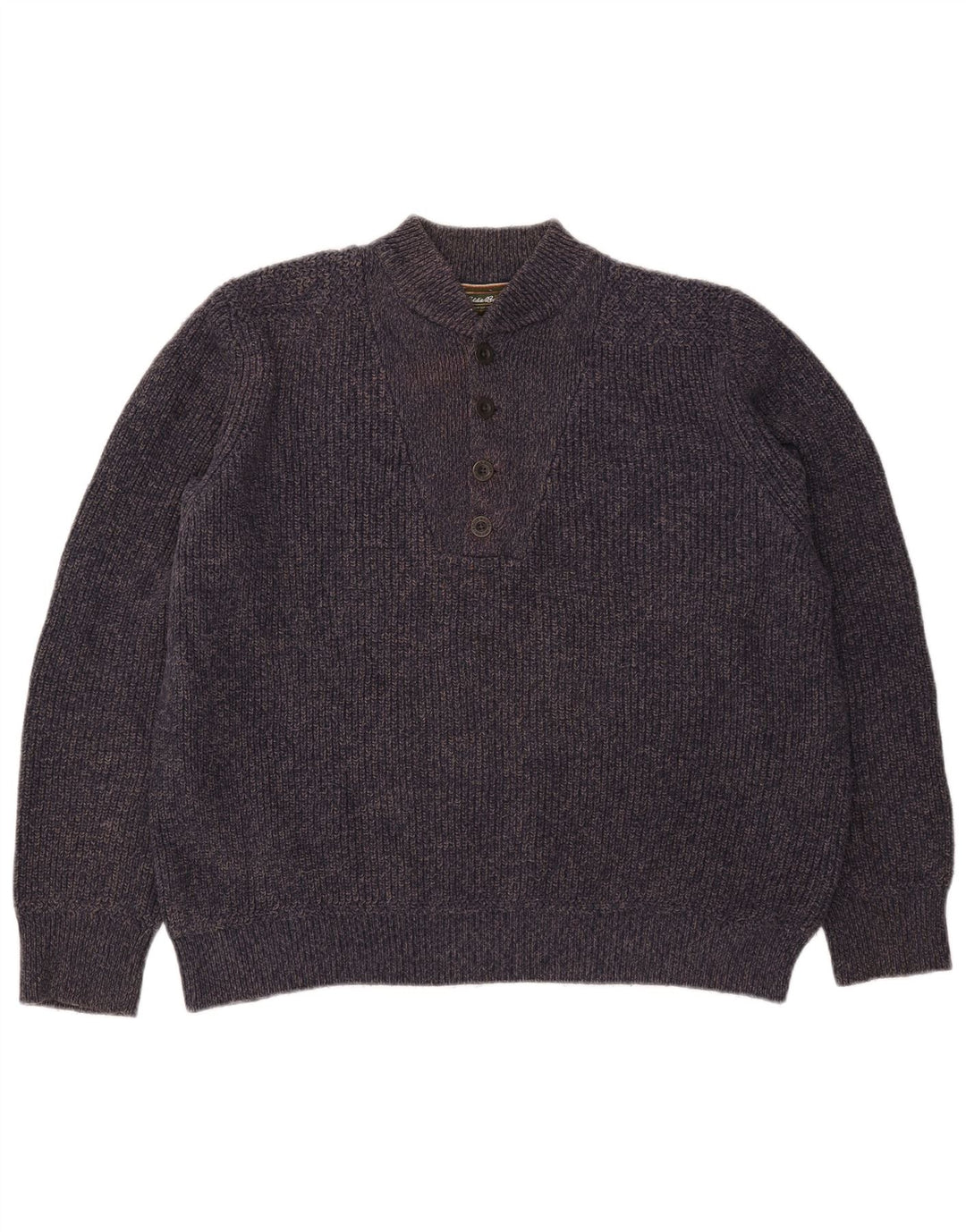 Eddie Bauer Mens Button Neck Jumper Sweater Large Navy Blue Flecked Cotton