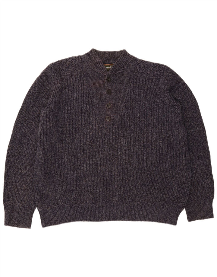 Eddie Bauer Mens Button Neck Jumper Sweater Large Navy Blue Flecked Cotton