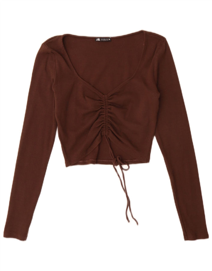 Zara Womens Long Sleeve Crop Top UK 14 Large Brown