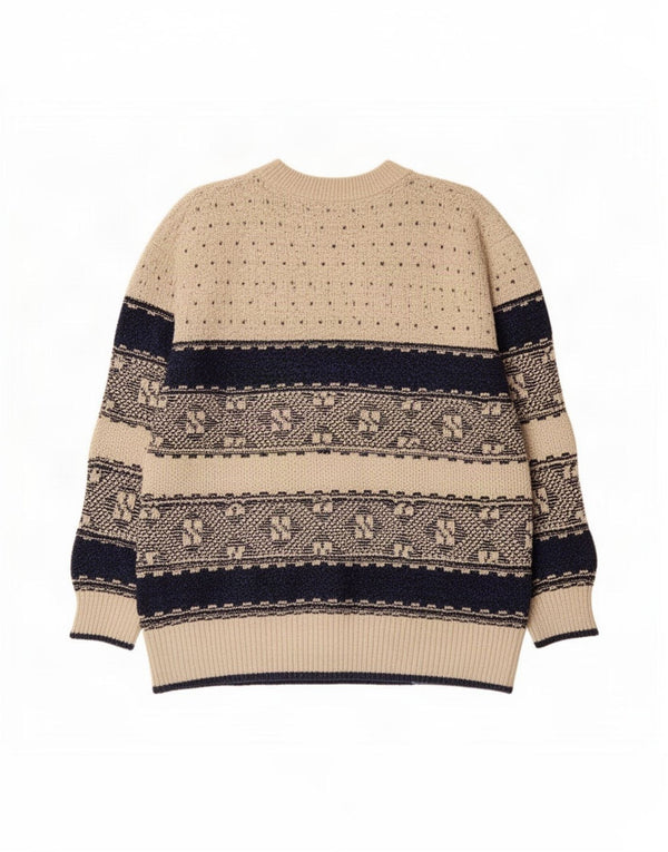 Vintage Mens Crew Neck Jumper Sweater Large Beige Geometric