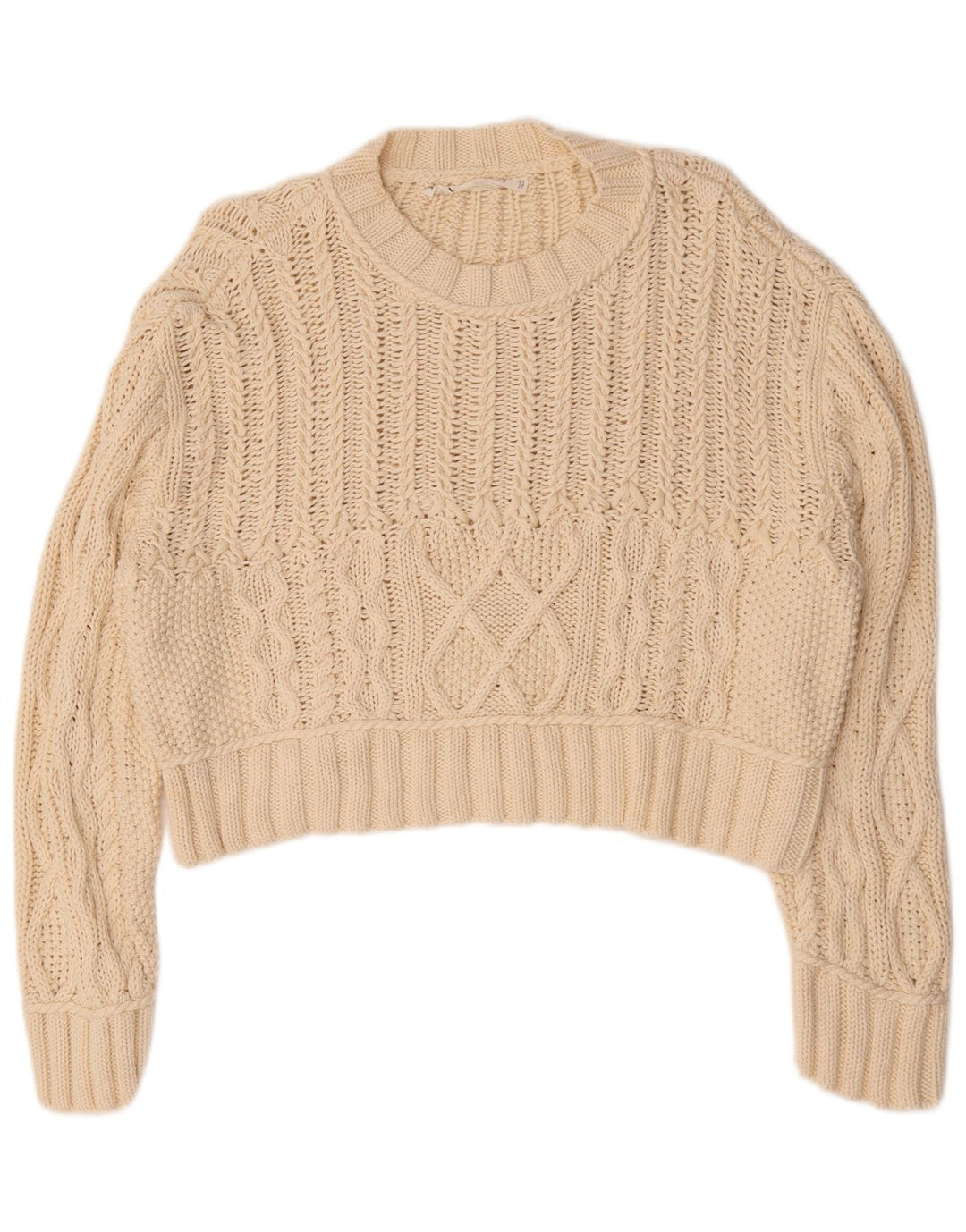 Zara Womens Crop Oversized Crew Neck Jumper Sweater UK 14 Medium Beige