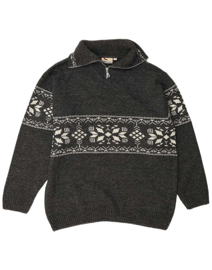 Randy River Herren-Pullover mit Reißverschluss am Hals, groß, graues Fair-Isle-Polyacryl