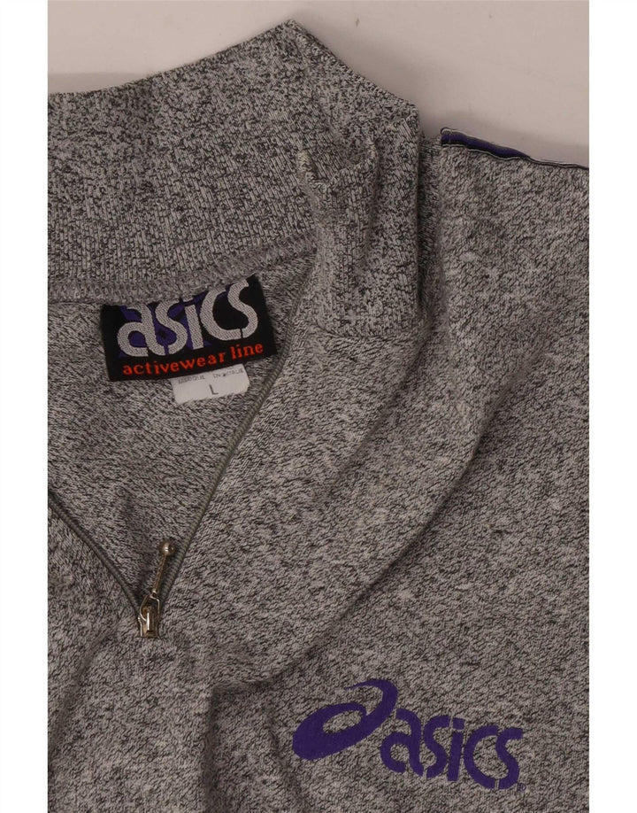 Asics Mens Graphic Zip Neck Sweatshirt Jumper Large Grey Flecked Cotton