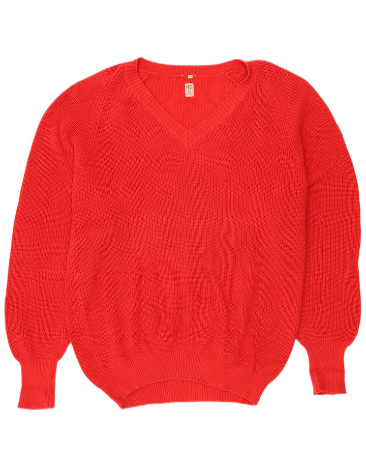 VINTAGE Mens V-Neck Jumper Sweater Large Red Cotton