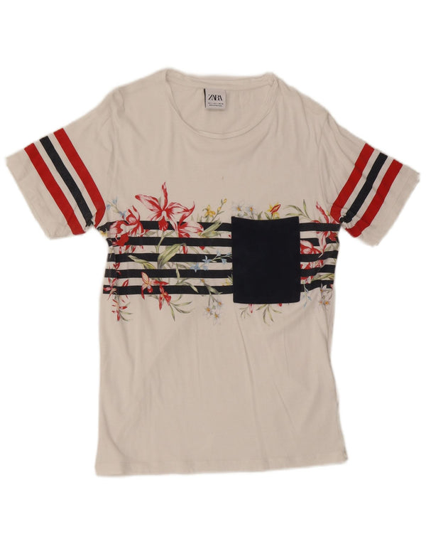 Zara Herren T-Shirt Top Small Weiß Blumen Baumwolle