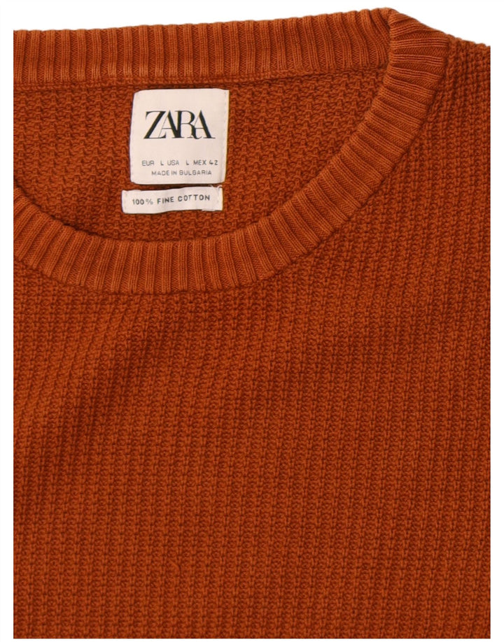 Zara Mens Crew Neck Jumper Sweater Large Brown Cotton