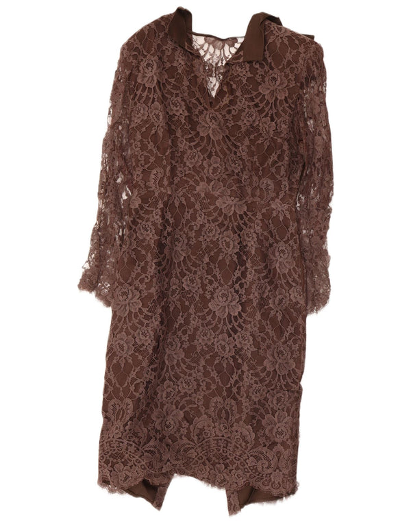 Vintage Womens Long Sleeve Lace Sheath Dress UK 10 Small Brown Floral