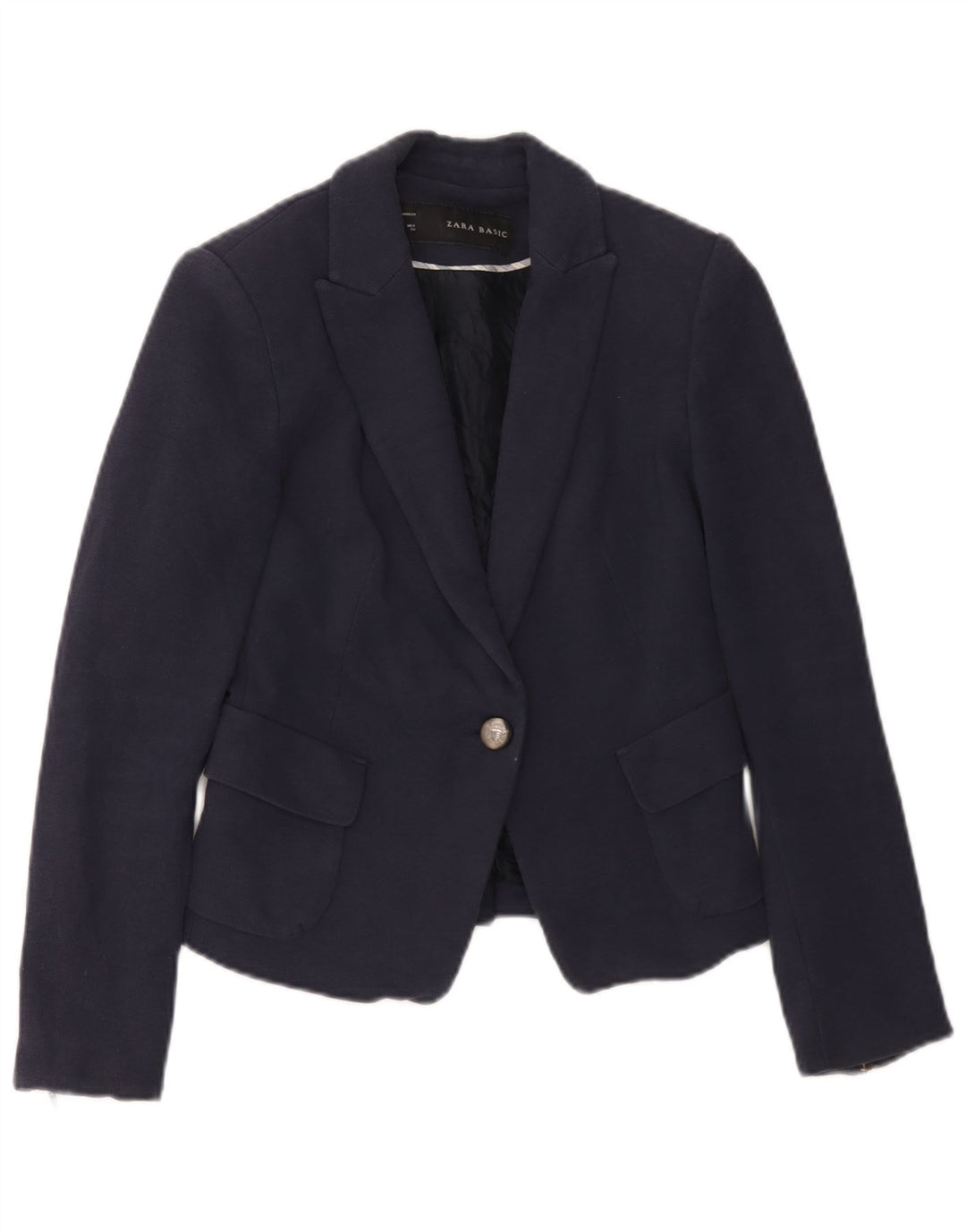 Zara Womens 1 Button Blazer Jacket UK 6 XS Navy Blue Cotton