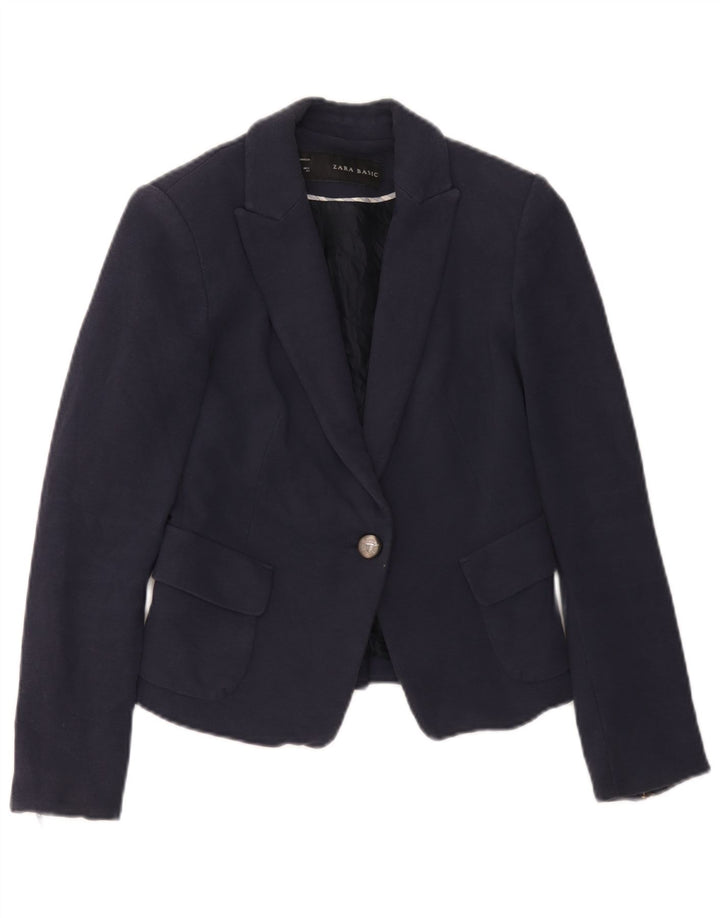 Zara Womens 1 Button Blazer Jacket UK 6 XS Navy Blue Cotton