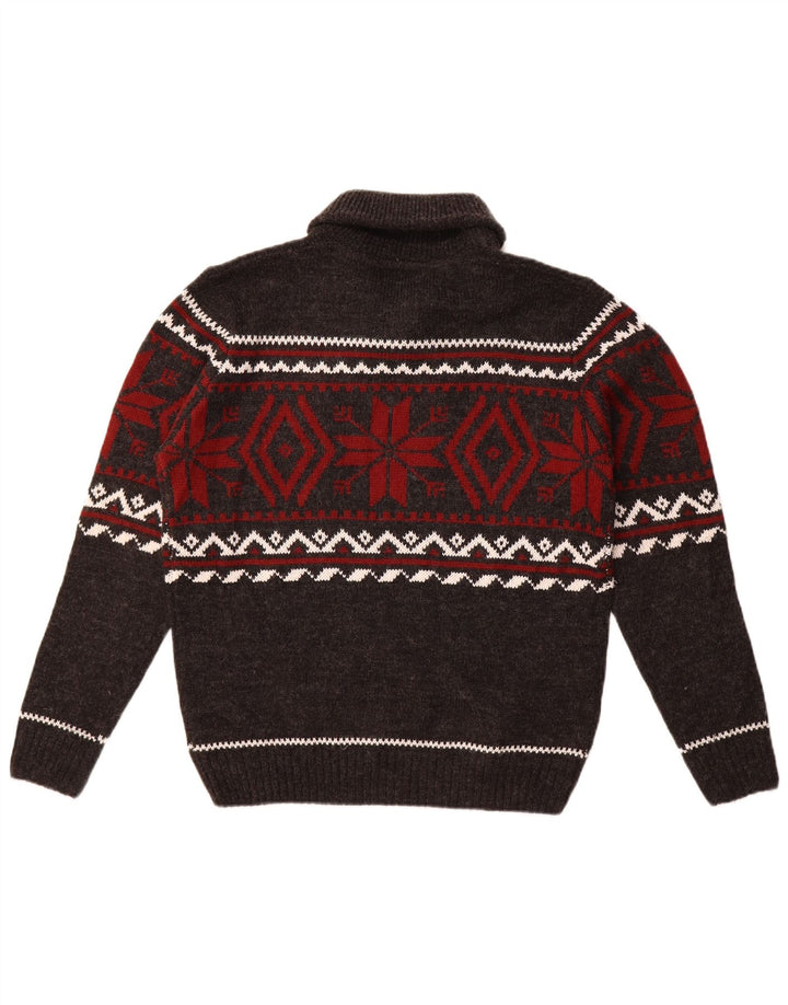 Maglione vintage da uomo con collo a scialle grigio medio Fair Isle
