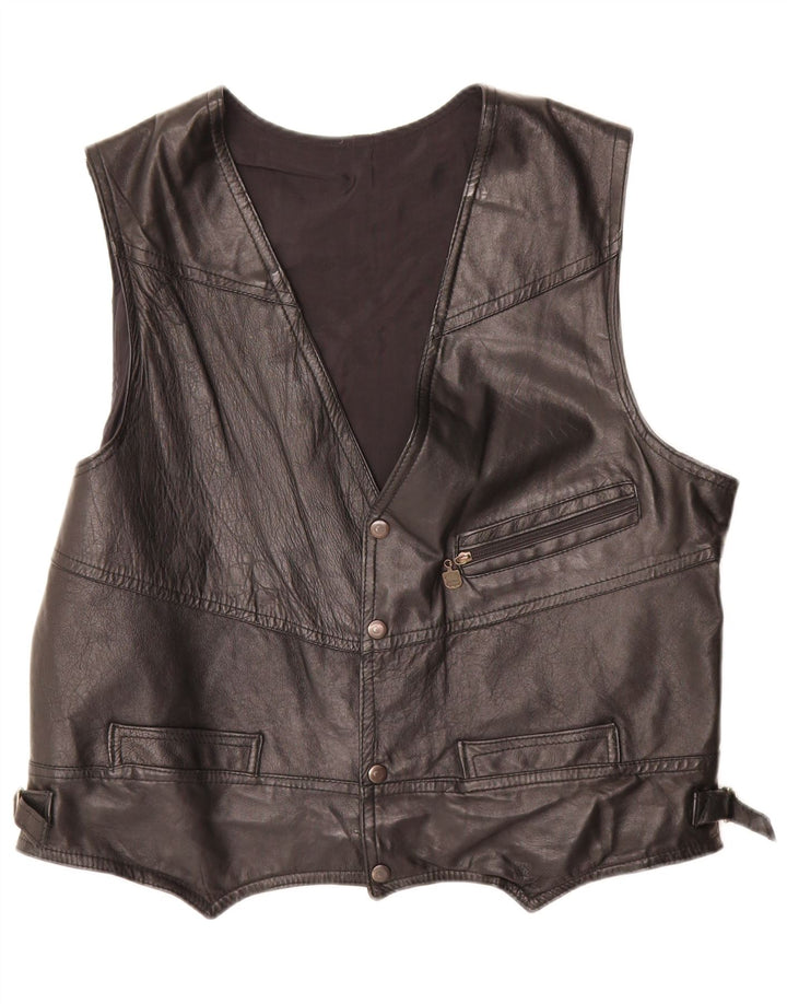 VINTAGE Mens Leather Waistcoat Large Black