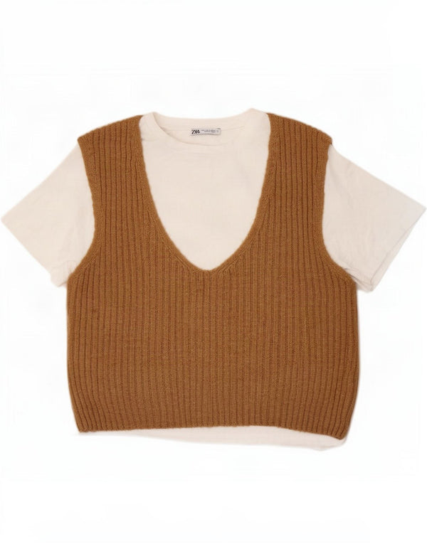 Zara Damen-Blusenoberteil UK 10 Small Brown Colourblock Cotton